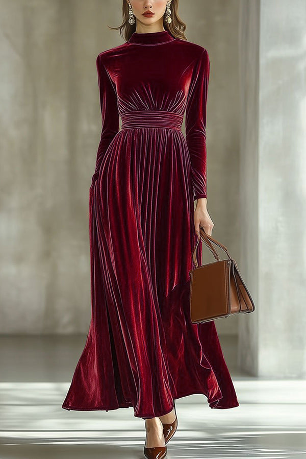 Solid Color Velvet Long-sleeved High-waisted Elegant Maxi Dress