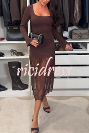 Ellie Ribbed Knit Square Neck Long Sleeve Lace Patchwork Hem Midi Dress