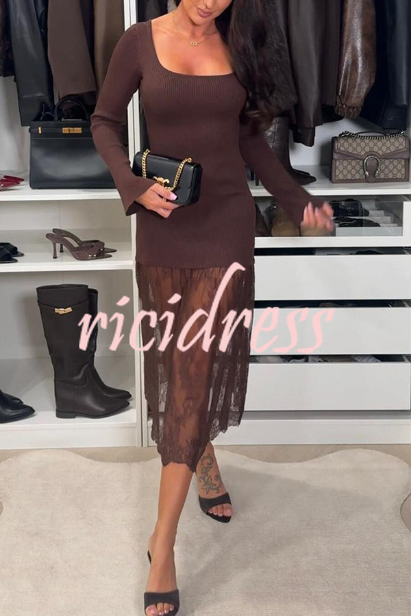 Ellie Ribbed Knit Square Neck Long Sleeve Lace Patchwork Hem Midi Dress