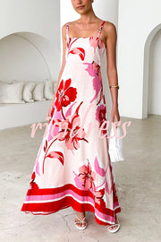 Floral Print Strap Square Neck Large Hem Maxi Dress