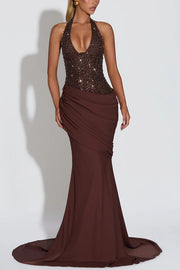 Exclusive Declaration Sequin Halter Neck Back Lace-up Ruched Hem Maxi Dress