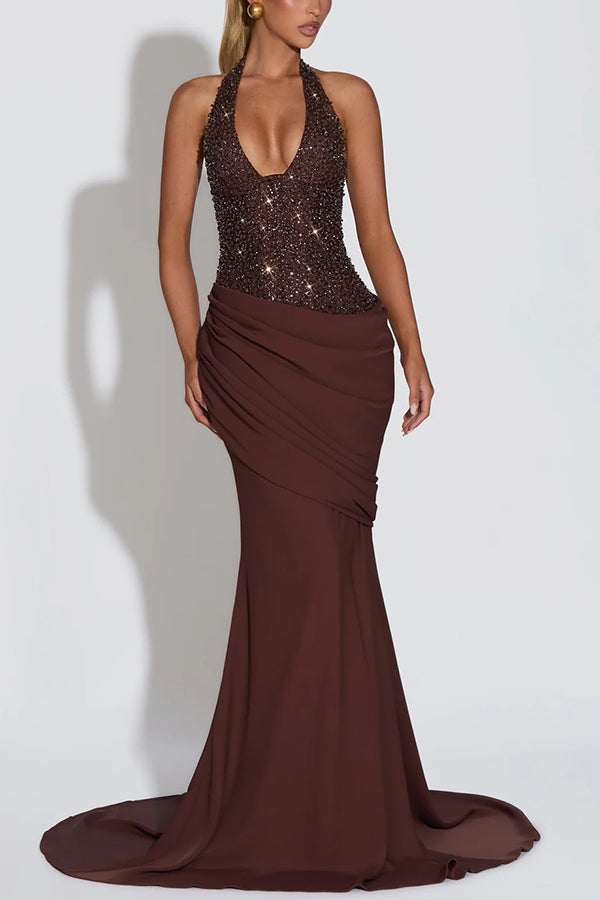 Exclusive Declaration Sequin Halter Neck Back Lace-up Ruched Hem Maxi Dress