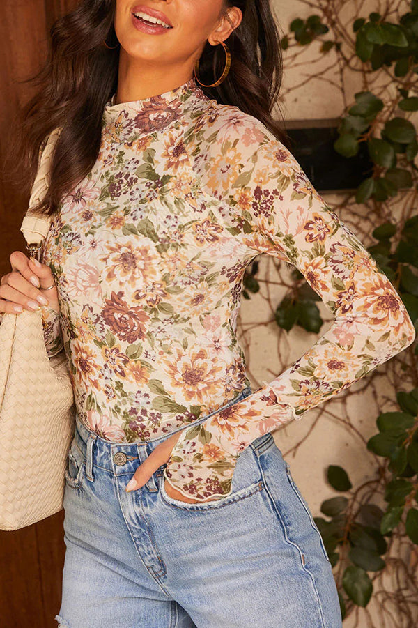 Floral Print Long-sleeved Stand-up Collar Casual Slim-fit Top