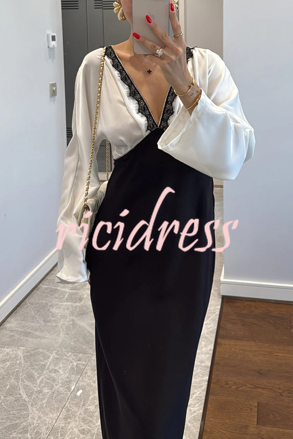 Lainei Contrast Color Satin Lace Trim V-neck Long Sleeve Maxi Dress