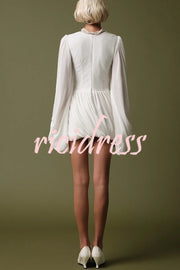 Solid Color Round Neck Lantern Long Sleeve Pleated Casual Mini Dress