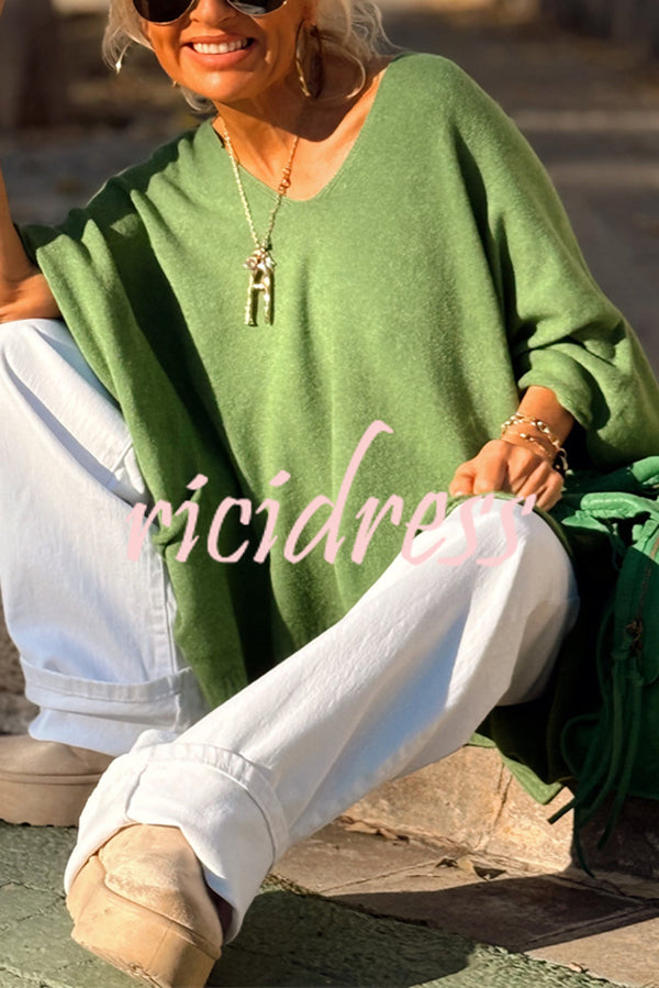 Fashion V-neck Loose Pocket Mid-length Knitted Sweater