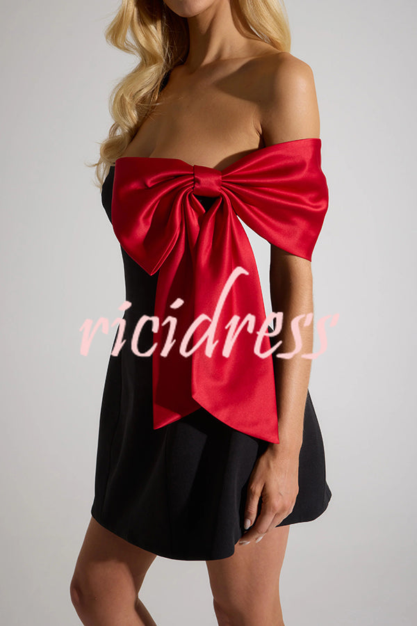 The Best Gift Satin Contrast Color Bow Detail Off Shoulder Mini Dress