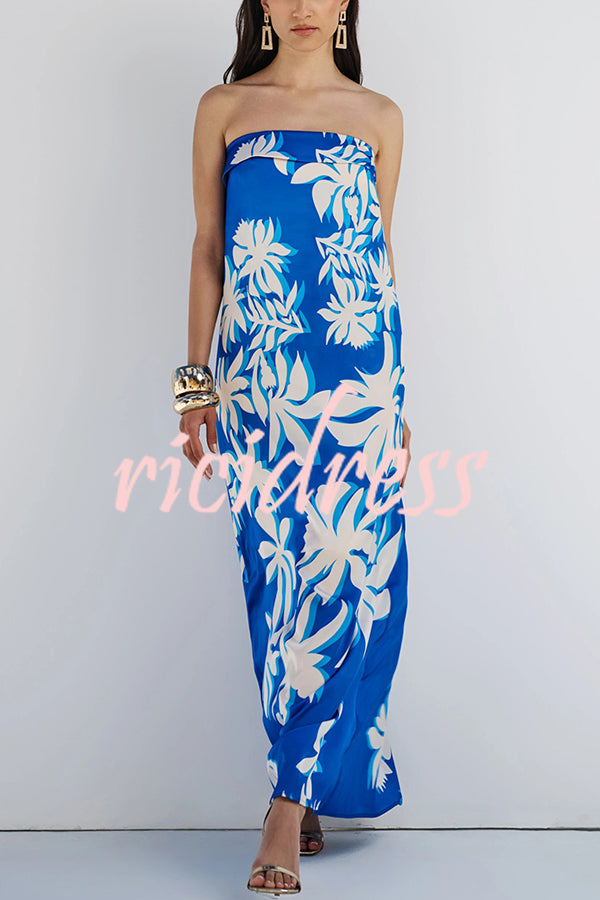 Fashion Vacation Satin Unique Print Off Shoulder Maxi Dress