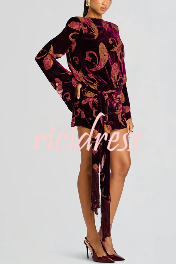 Night Out Velvet Paisley Print Long Sleeve Tie-up Tassel Loose Mini Dress