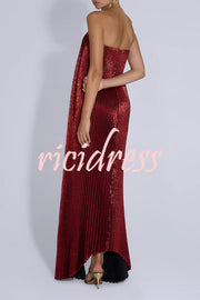 Party Time Pleated Metallic Fabric Off Shoulder Irregular Hem A-line Maxi Dress