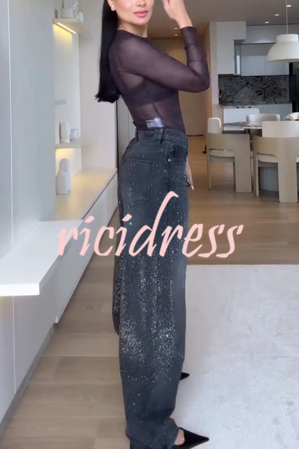 Fashion Star Rhinestone High Rise Casual Pocket Straight Loose Jeans