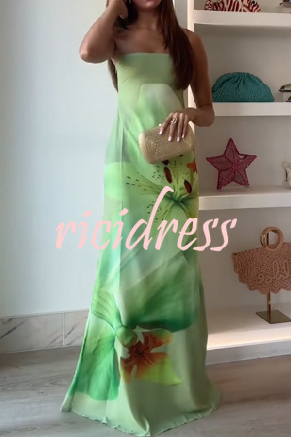 Smooth and Elegant Satin Unique Floral Print Off Shoulder Maxi Dress