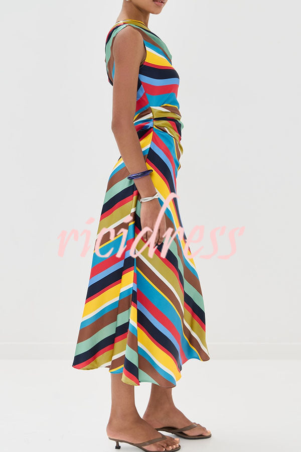 Sunkissed Satin Colourful Stripe Print One Shoulder Midi Dress