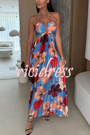 Casey Satin Floral Print Cutout Halter Back Tie-up Pleated Maxi Dress