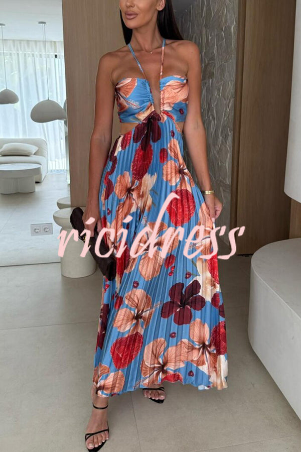 Casey Satin Floral Print Cutout Halter Back Tie-up Pleated Maxi Dress