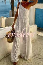 Pure Soul Unique Lace Pattern One Shoulder Slit Vacation Maxi Dress