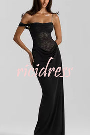 Sexy See-Through Lace Suspender Slim Slit Maxi Dress