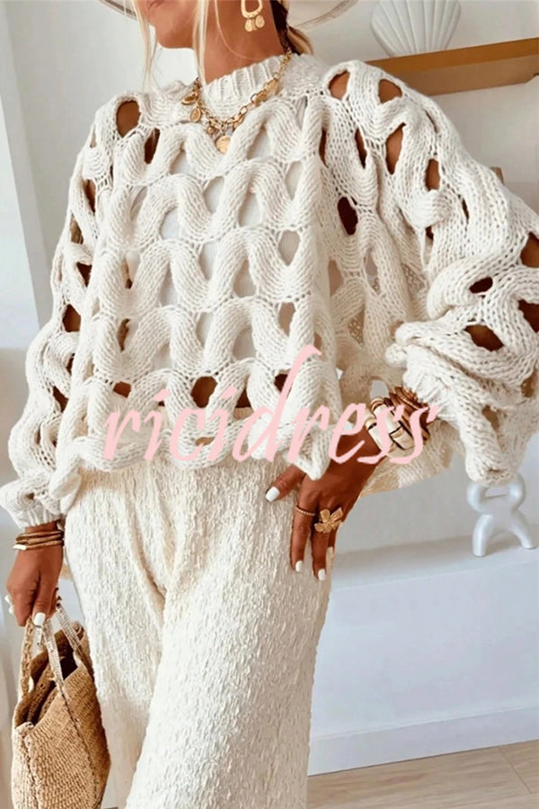 Solid Color Casual Hollow Long-sleeved Holiday Knitted Sweater