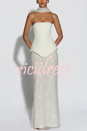 Oakley Corset Strapless Top and Sequin High Rise Maxi Skirt Scarf Set