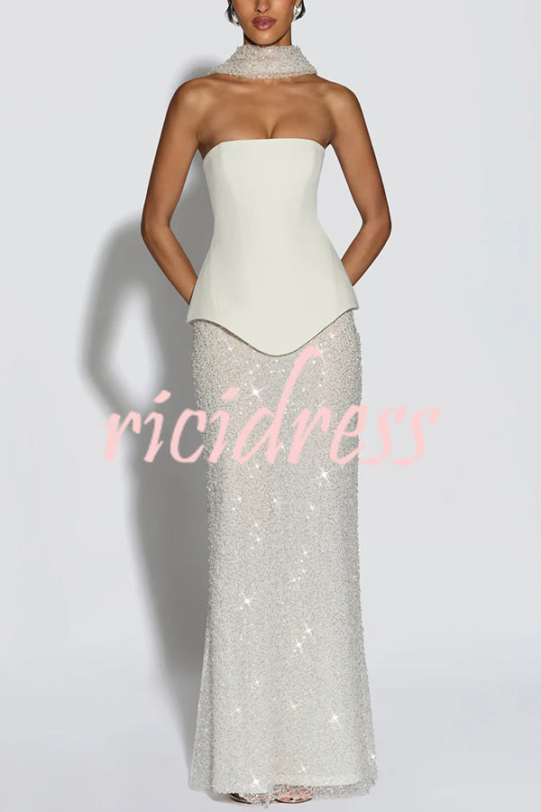 Oakley Corset Strapless Top and Sequin High Rise Maxi Skirt Scarf Set