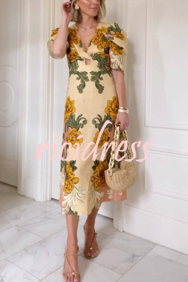 Flower Vine Linen Blend Unique Print Twist Cutout Neck Puff Sleeve Midi Dress