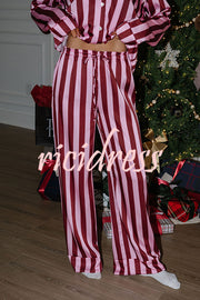Courtney Satin Colorblock Striped Loose Shirt and Elastic Waist Pocketed Pajama Set
