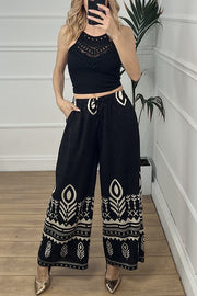 Unique Print Elastic Waist Casual Pocket Wide Leg Pants
