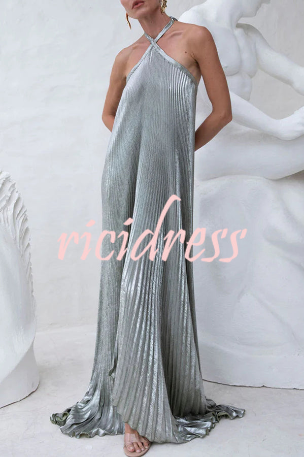 Elegant and Gorgeous Shimmer Fabric Halter A-line Maxi Dress