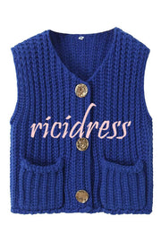 Solid Color Sleeveless Pocket Knitted Vest