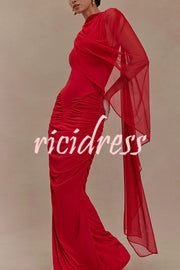 Fashionable Mesh Shawl Sleeveless Slim Fit Pleated Maxi Dress