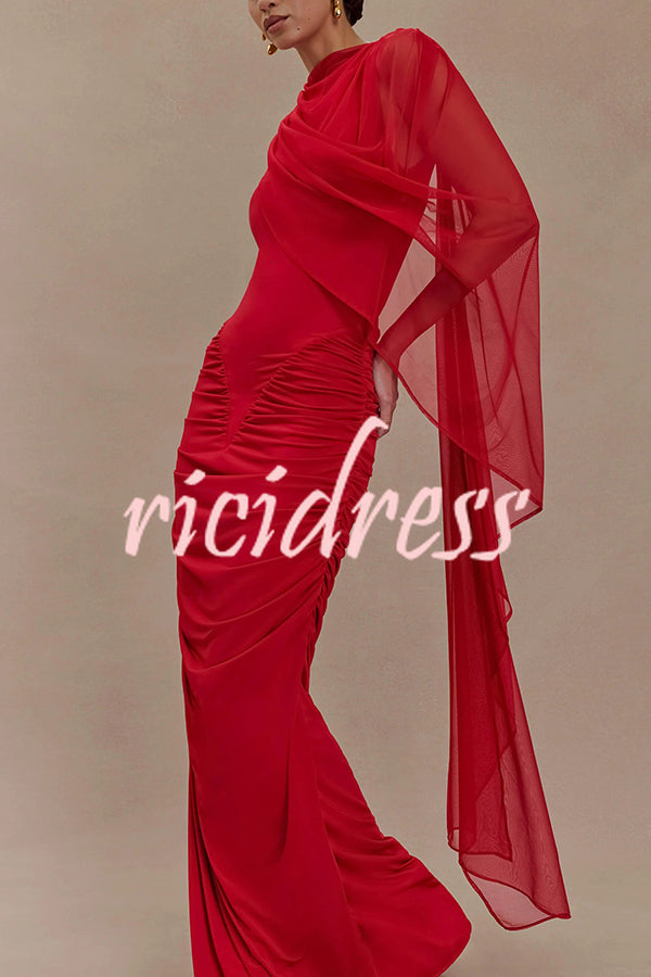 Fashionable Mesh Shawl Sleeveless Slim Fit Pleated Maxi Dress