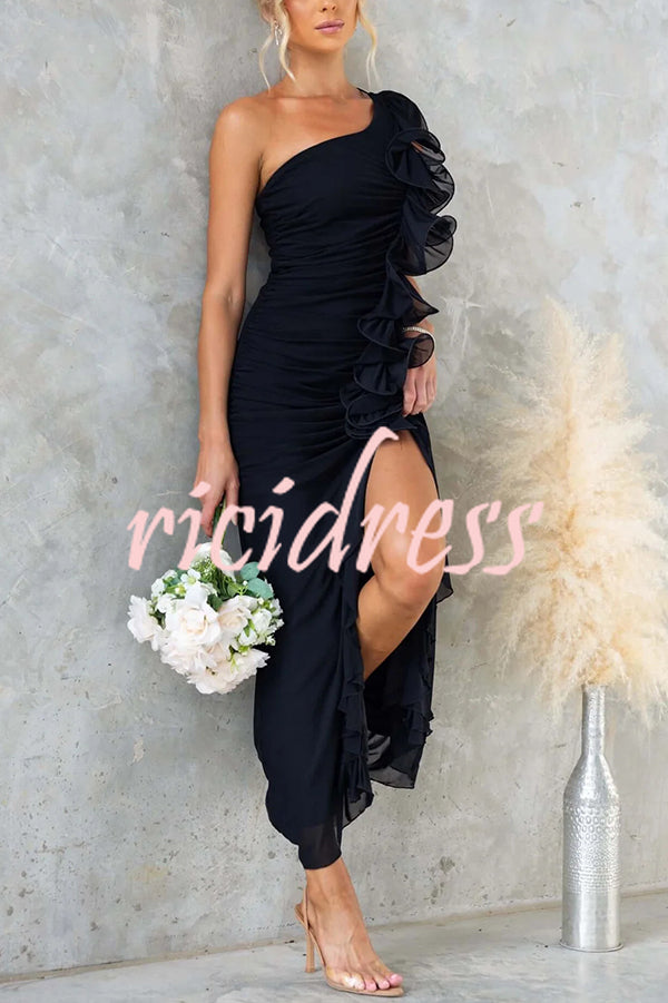 Fashion One-shoulder Pleated Sexy High Slit Slim Dress