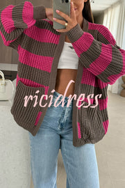 Fashionable Patchwork Striped Casual Pocket Knitted Sweater