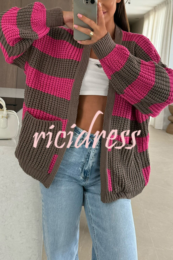 Fashionable Patchwork Striped Casual Pocket Knitted Sweater