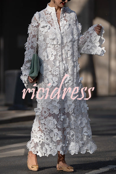 Solid Color Hollow Embroidery Loose Long Sleeve Midi Dress
