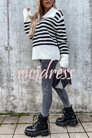 Irregular Lapel Contrast Striped Knitted Long Sleeved Sweater