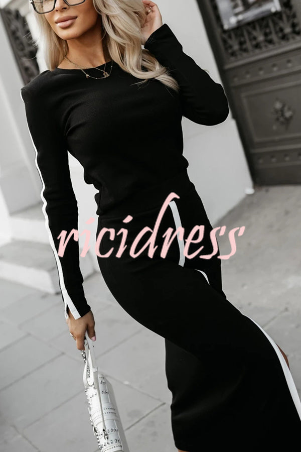 Stylish Paneled Long Sleeve Crew Neck Top and Elastic Waist Slit Midi Skirt Set