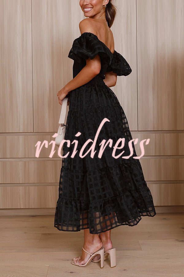 Solid Color Off-shoulder Lantern Sleeve Patchwork Midi Dress