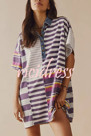 Contrast Striped Patchwork Denim Lapel Loose Casual Mini Dress