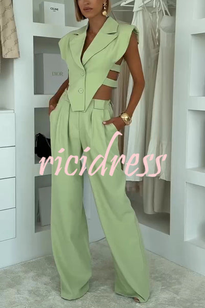 Fashion Style Lapel Waist-baring Irregular Vest and  Elastic Waist Pocket Loose Pants Set