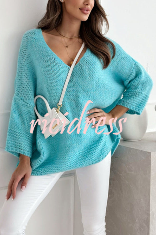 Solid Color Loose V-neck Casual Knitted Sweater