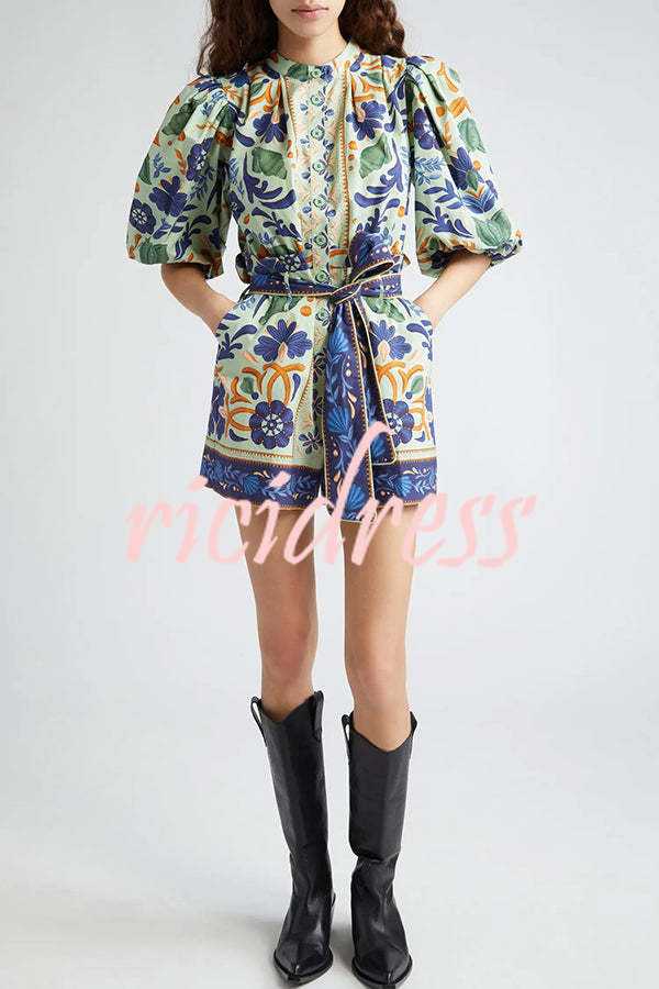 Elouise Linen Blend Unique Print Button Puff Sleeves Tie-up Pocketed Romper