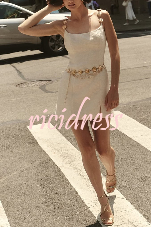 Timeless Exquisite Tweed Fabric Metal Coin Chain Detail Slip Mini Dress