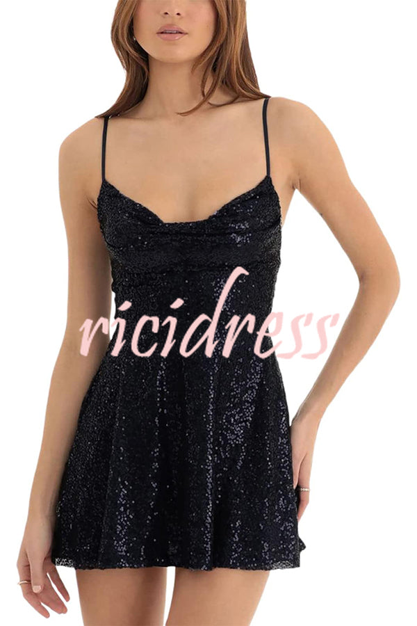 Stylish and Sexy Sequin Sling Backless Lace-up Mini Dress