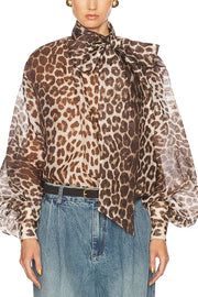 Arianne Chiffon Leopard Print Bow Neck Long Balloon Sleeve Loose Blouse