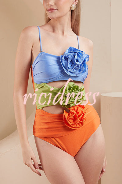 Fashionable Color-blocked Floral Decoration Hollow Stretch One-piece Swimsuit