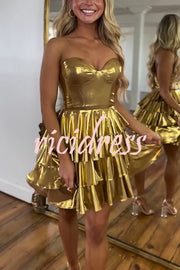 Like A Princess Metallic Fabric Off Shoulder Layered Rusffles Mini Dress