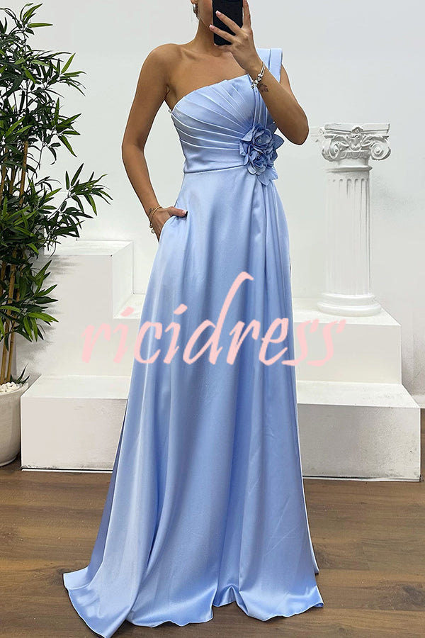 Nasha Satin Pleated One Shoulder Petal Gemstone Detail Pocket Slit Maxi Dress