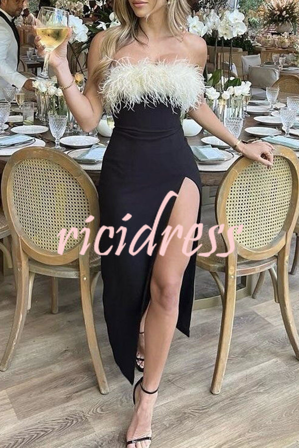 Sarai Thigh Slit Feather High Waisted Maxi Dress