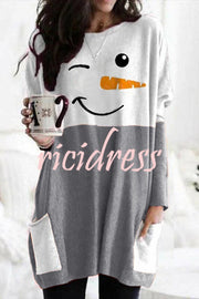 Snowman Print Long Sleeve Pocket Pullover Mini Dress